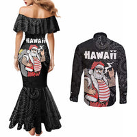 Hawaii Aloha Santa Claus Funny Polynesian Tattoo Couples Matching Mermaid Dress and Long Sleeve Button Shirt Black Color