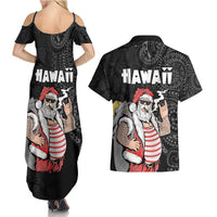Hawaii Aloha Santa Claus Funny Polynesian Tattoo Couples Matching Summer Maxi Dress and Hawaiian Shirt Black Color