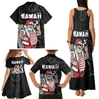 Hawaii Aloha Santa Claus Funny Polynesian Tattoo Family Matching Tank Maxi Dress and Hawaiian Shirt Black Color