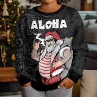 Hawaii Aloha Santa Claus Funny Polynesian Tattoo Kid Ugly Christmas Sweater Black Color