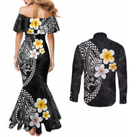 Hawaiian Hibiscus and Plumeria Polynesian Tribal Tattoo Couples Matching Mermaid Dress and Long Sleeve Button Shirt Black Color