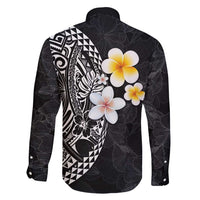 Hawaiian Hibiscus and Plumeria Polynesian Tribal Tattoo Family Matching Short Sleeve Bodycon Dress and Hawaiian Shirt Black Color