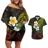 Hawaiian Hibiscus and Plumeria Polynesian Tribal Tattoo Couples Matching Off Shoulder Short Dress and Hawaiian Shirt Reggae Color