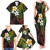Hawaiian Hibiscus and Plumeria Polynesian Tribal Tattoo Family Matching Tank Maxi Dress and Hawaiian Shirt Reggae Color
