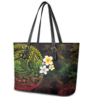 Hawaiian Hibiscus and Plumeria Polynesian Tribal Tattoo Leather Tote Bag Reggae Color