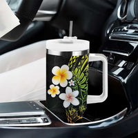 Hawaiian Hibiscus and Plumeria Polynesian Tribal Tattoo Tumbler With Handle Reggae Color