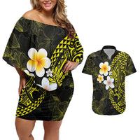 Hawaiian Hibiscus and Plumeria Polynesian Tribal Tattoo Couples Matching Off Shoulder Short Dress and Hawaiian Shirt Yellow Color