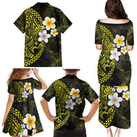 Hawaiian Hibiscus and Plumeria Polynesian Tribal Tattoo Family Matching Puletasi and Hawaiian Shirt Yellow Color