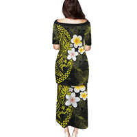 Hawaiian Hibiscus and Plumeria Polynesian Tribal Tattoo Family Matching Puletasi and Hawaiian Shirt Yellow Color