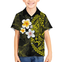 Hawaiian Hibiscus and Plumeria Polynesian Tribal Tattoo Family Matching Puletasi and Hawaiian Shirt Yellow Color
