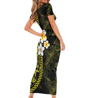 Hawaiian Hibiscus and Plumeria Polynesian Tribal Tattoo Family Matching Short Sleeve Bodycon Dress and Hawaiian Shirt Yellow Color