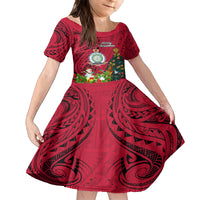 Personalised Niue Christmas Family Matching Off Shoulder Short Dress and Hawaiian Shirt Coat of Arms and Polynesian Tattoo Xmas Element Christmas Red Vibe LT03 Daughter's Dress Red - Polynesian Pride