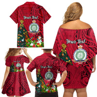 Personalised Niue Christmas Family Matching Off Shoulder Short Dress and Hawaiian Shirt Coat of Arms and Polynesian Tattoo Xmas Element Christmas Red Vibe LT03 - Polynesian Pride