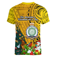 Niue Christmas Women V Neck T Shirt Coat of Arms and Polynesian Tattoo Xmas Element Christmas Yellow Vibe LT03 - Polynesian Pride