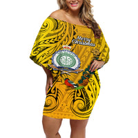 Personalised Niue Christmas Off Shoulder Short Dress Coat of Arms and Polynesian Tattoo Xmas Element Christmas Yellow Vibe LT03 Women Yellow - Polynesian Pride
