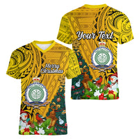 Personalised Niue Christmas Women V Neck T Shirt Coat of Arms and Polynesian Tattoo Xmas Element Christmas Yellow Vibe LT03 - Polynesian Pride