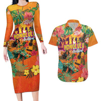 Hawaiian Honolulu Festival Couples Matching Long Sleeve Bodycon Dress and Hawaiian Shirt Hawaiian Identity - Hula Dancer and Ukulele Tropical Plants Style