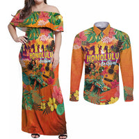 Hawaiian Honolulu Festival Couples Matching Off Shoulder Maxi Dress and Long Sleeve Button Shirt Hawaiian Identity - Hula Dancer and Ukulele Tropical Plants Style