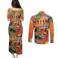 Hawaiian Honolulu Festival Couples Matching Puletasi and Long Sleeve Button Shirt Hawaiian Identity - Hula Dancer and Ukulele Tropical Plants Style