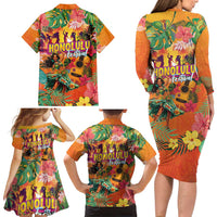 Hawaiian Honolulu Festival Family Matching Long Sleeve Bodycon Dress and Hawaiian Shirt Hawaiian Identity - Hula Dancer and Ukulele Tropical Plants Style