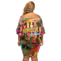 Hawaiian Honolulu Festival Off Shoulder Short Dress Hawaiian Identity - Hula Dancer and Ukulele Tropical Plants Style