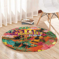 Hawaiian Honolulu Festival Round Carpet Hawaiian Identity - Hula Dancer and Ukulele Tropical Plants Style