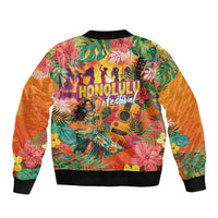Hawaiian Honolulu Festival Sleeve Zip Bomber Jacket Hawaiian Identity - Hula Dancer and Ukulele Tropical Plants Style