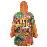 Hawaiian Honolulu Festival Wearable Blanket Hoodie Hawaiian Identity - Hula Dancer and Ukulele Tropical Plants Style