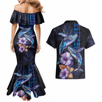 Hawaiian Whales Love Couple Couples Matching Mermaid Dress and Hawaiian Shirt Hibiscus and Kakau Art Tattoo Night Sky Vibe