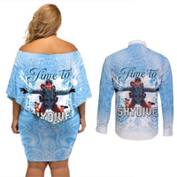 New Zealand Sky Diving Couples Matching Off Shoulder Short Dress and Long Sleeve Button Shirt Lets Get High