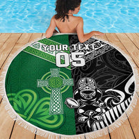 New Zealand And Ireland Rugby Custom Beach Blanket Maori Tiki With Shamrock