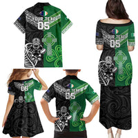 New Zealand And Ireland Rugby Custom Family Matching Puletasi and Hawaiian Shirt Maori Tiki With Shamrock