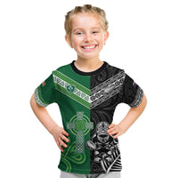 New Zealand And Ireland Rugby Custom Kid T Shirt Maori Tiki With Shamrock
