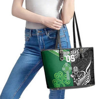 New Zealand And Ireland Rugby Custom Leather Tote Bag Maori Tiki With Shamrock