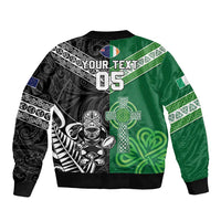 New Zealand And Ireland Rugby Custom Sleeve Zip Bomber Jacket Maori Tiki With Shamrock