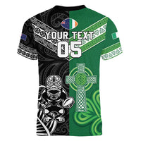 New Zealand And Ireland Rugby Custom Women V-Neck T-Shirt Maori Tiki With Shamrock