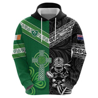 New Zealand And Ireland Rugby Custom Zip Hoodie Maori Tiki With Shamrock