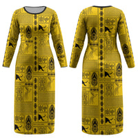 Papua New Guinea Heritage Motif Couples Matching Long Sleeve Bodycon Dress and Long Sleeve Button Shirt Yellow Version LT05 - Polynesian Pride