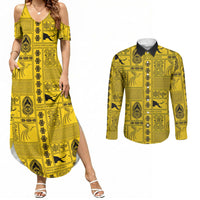 Papua New Guinea Heritage Motif Couples Matching Summer Maxi Dress and Long Sleeve Button Shirt Yellow Version LT05 Yellow - Polynesian Pride