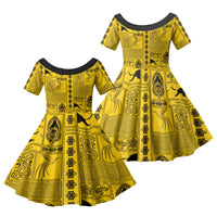 Papua New Guinea Heritage Motif Family Matching Off Shoulder Maxi Dress and Hawaiian Shirt Yellow Version LT05 Daughter's Dress Yellow - Polynesian Pride