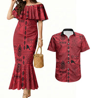 Papua New Guinea Heritage Motif Couples Matching Mermaid Dress and Hawaiian Shirt Red Version LT05 Red - Polynesian Pride