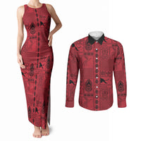 Papua New Guinea Heritage Motif Couples Matching Tank Maxi Dress and Long Sleeve Button Shirt Red Version LT05 Red - Polynesian Pride