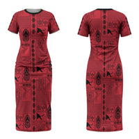Papua New Guinea Heritage Motif Family Matching Short Sleeve Bodycon Dress and Hawaiian Shirt Red Version LT05 Mom's Dress Red - Polynesian Pride
