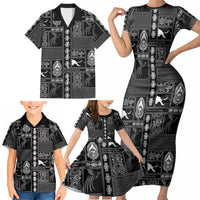 Papua New Guinea Heritage Motif Family Matching Short Sleeve Bodycon Dress and Hawaiian Shirt Black Version LT05 - Polynesian Pride