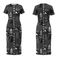 Papua New Guinea Heritage Motif Family Matching Short Sleeve Bodycon Dress and Hawaiian Shirt Black Version LT05 Mom's Dress Black - Polynesian Pride