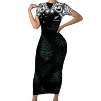 Custom New Zealand Fern Women Rugby Family Matching Short Sleeve Bodycon Dress and Hawaiian Shirt Maori Pattern LT05 Mom's Dress Black - Polynesian Pride