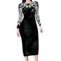 Custom New Zealand Fern Women Rugby Long Sleeve Bodycon Dress Maori Pattern LT05 Long Dress Black - Polynesian Pride