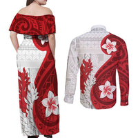Samoa Teuila 2024 Couples Matching Off Shoulder Maxi Dress and Long Sleeve Button Shirt Samoan Siapo Pattern Red Version LT05 - Polynesian Pride