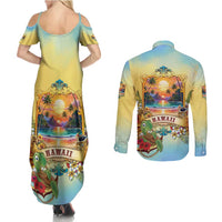 Aloha Hawaii Turtle Couples Matching Summer Maxi Dress and Long Sleeve Button Shirt Retro Style - Polynesian Pride