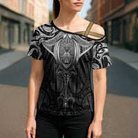 New Zealand Aotearoa Cross Shoulder Shirt Maori Manta Ray Moko Black - Polynesian Pride